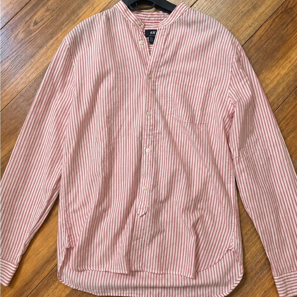 H&M Men's Pink and White Striped Band Collar Button-Down Shirt